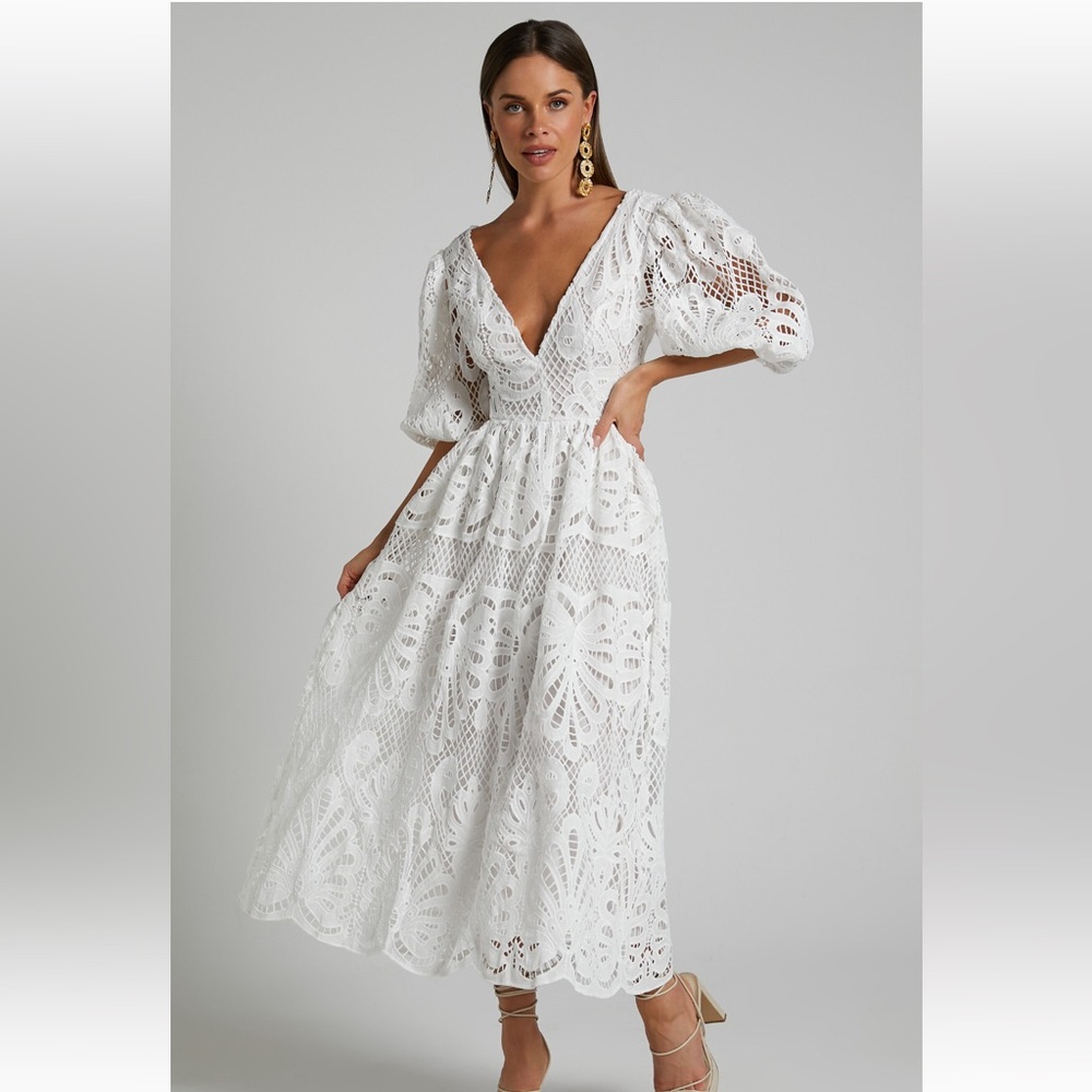V neck cut out lace midi dress